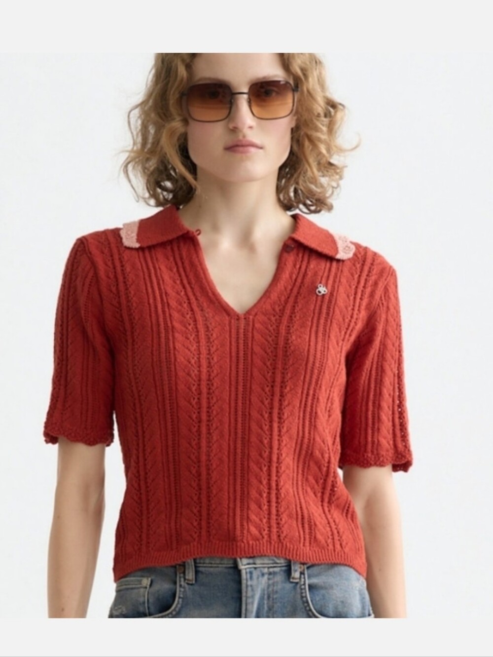 Scotch & Soda Rust Red V-Neck Cable Knit Short Sleeve Top